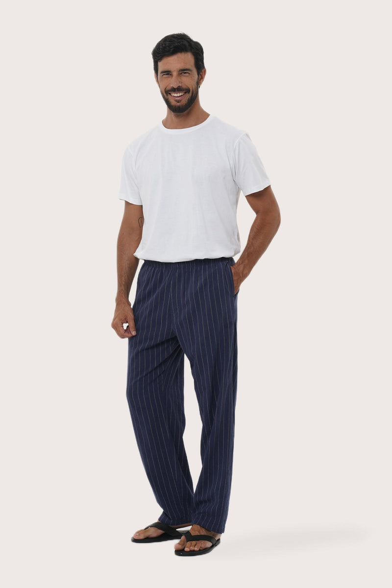 Side view of the Moe Striped Pajama Set in Navy by By The Sea Bali, tailored in soft cotton-hemp blend