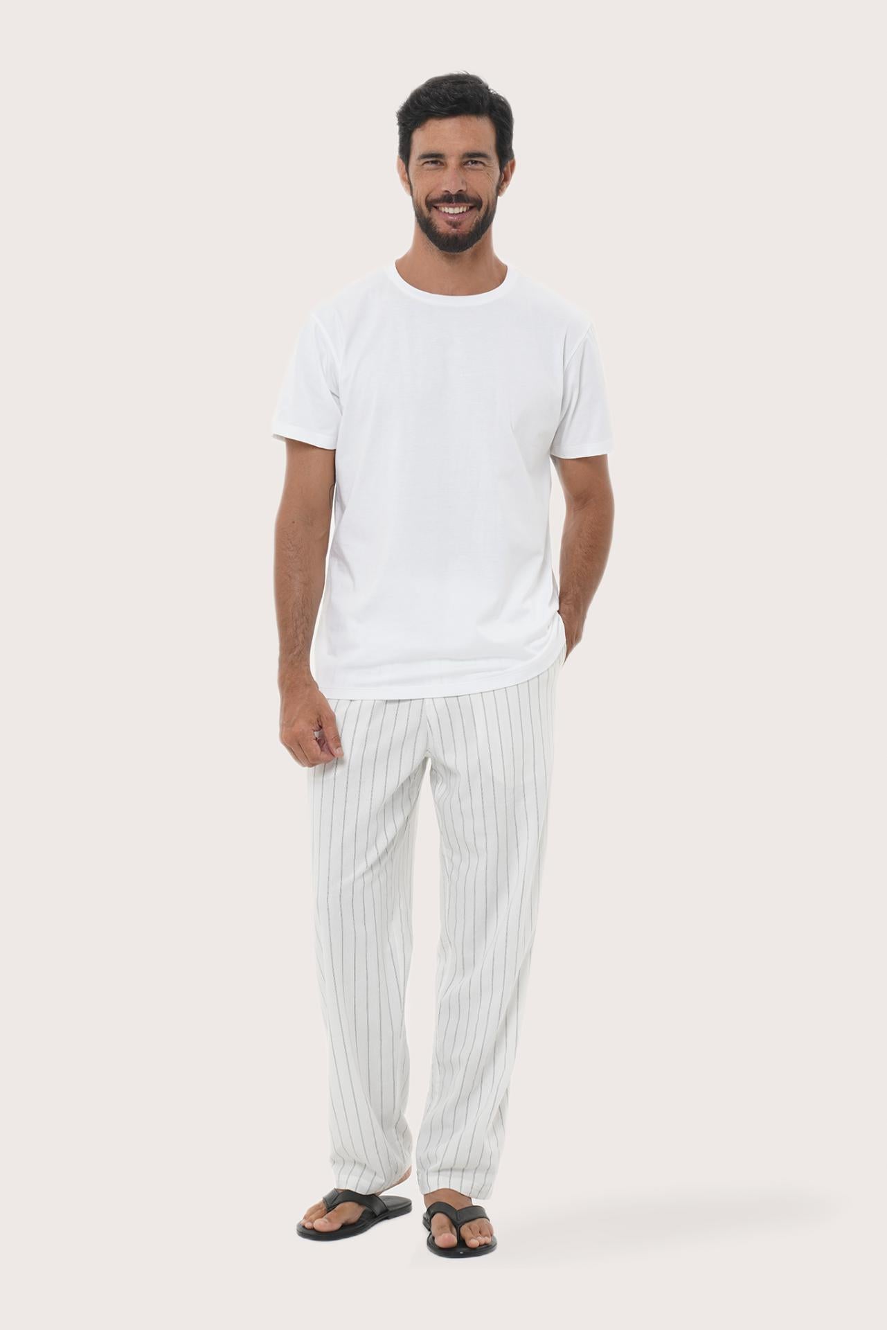 By The Sea Bali Moe Striped Pajama Set in Off White — luxe cotton-blend tee and lounge pant for serene comfort