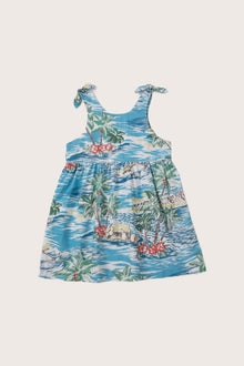 Back view of the light blue Tropical Day tie dress with a relaxed and feminine silhouette