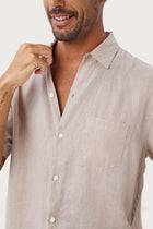 Close-up fabric and collar detail of the Mori Linen Shirt Kayu in Light Brown by By The Sea Bali