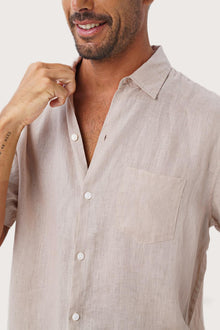 Close-up fabric and collar detail of the Mori Linen Shirt Kayu in Light Brown by By The Sea Bali
