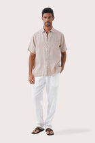 By The Sea Bali Mori Linen Shirt Kayu in Light Brown — breathable linen shirt with a relaxed camp-collar silhouette