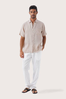 By The Sea Bali Mori Linen Shirt Kayu in Light Brown — breathable linen shirt with a relaxed camp-collar silhouette