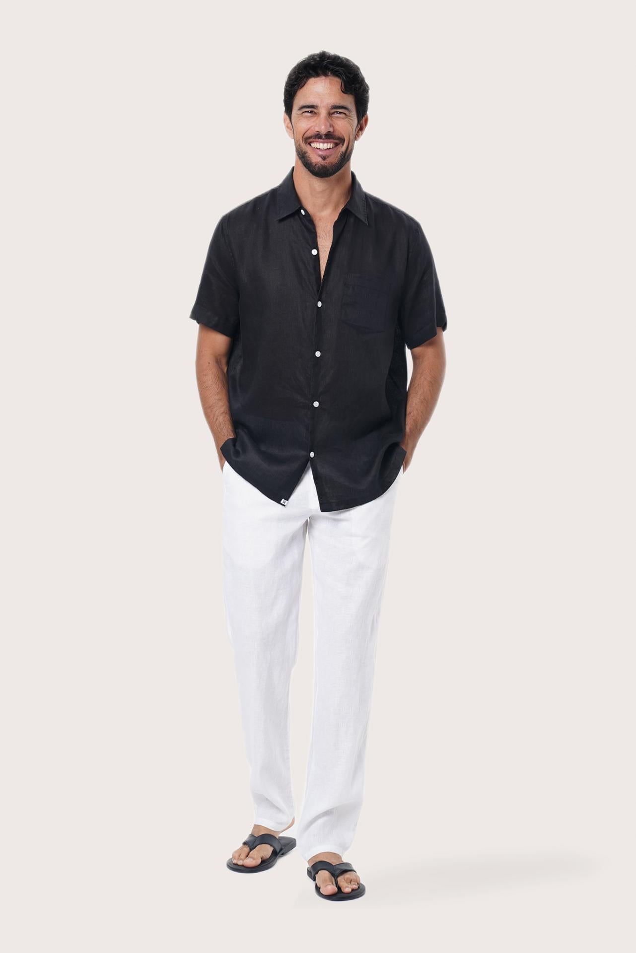 Front view of the Mori Short Sleeve Linen Shirt in Black by By The Sea Bali, styled for effortless summer dressing
