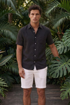 By The Sea Bali Mori Short Sleeve Linen Shirt in Black — breathable 100% linen with a relaxed camp-collar silhouette