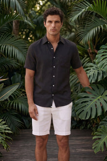 By The Sea Bali Mori Short Sleeve Linen Shirt in Black — breathable 100% linen with a relaxed camp-collar silhouette