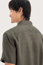 Open collar and button-front detail of the Mori Short Sleeve Linen Shirt Brown by By The Sea Bali