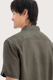 Open collar and button-front detail of the Mori Short Sleeve Linen Shirt Brown by By The Sea Bali