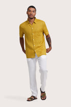 By The Sea Bali Mori Short Sleeve Linen Shirt Gold — breathable linen shirt with a relaxed short-sleeve silhouette