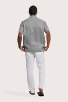 Back view of the Mori Short Sleeve Linen Shirt Grey showcasing its tailored finish by By The Sea Bali