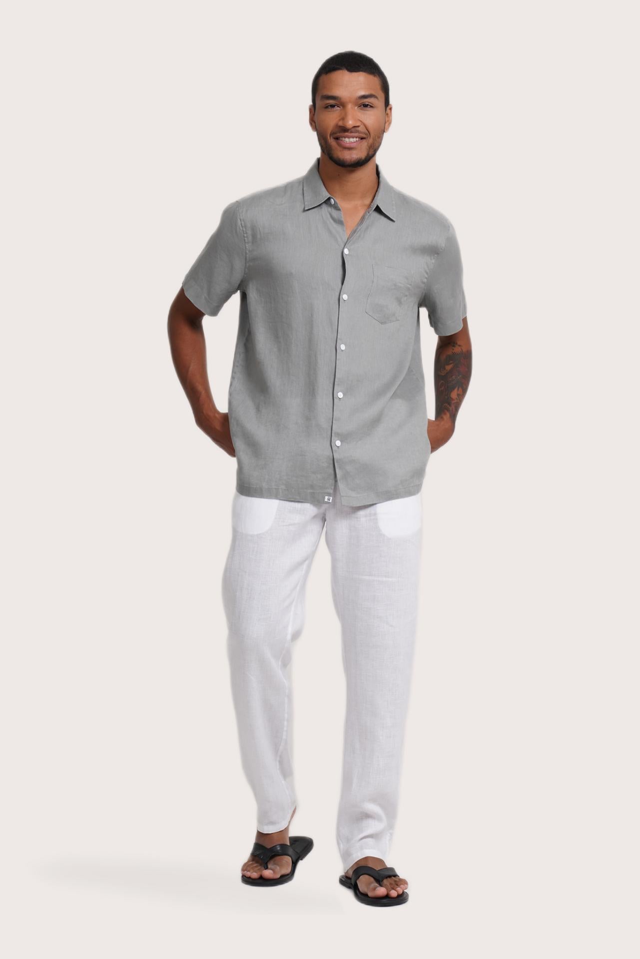By The Sea Bali Mori Short Sleeve Linen Shirt Grey — breathable linen shirt with a relaxed short-sleeve silhouette