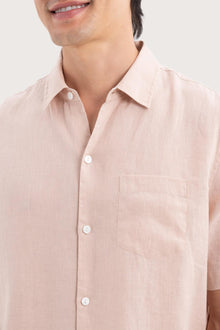 Close-up fabric and collar detail of the Mori Short Sleeve Linen Shirt Light Pink by By The Sea Bali