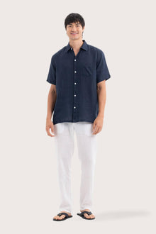 By The Sea Bali Mori Short Sleeve Linen Shirt Navy — breathable linen shirt with a relaxed short-sleeve silhouette
