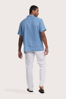 Back view of the Mori Short Sleeve Linen Shirt Sky Blue showcasing its tailored finish by By The Sea Bali
