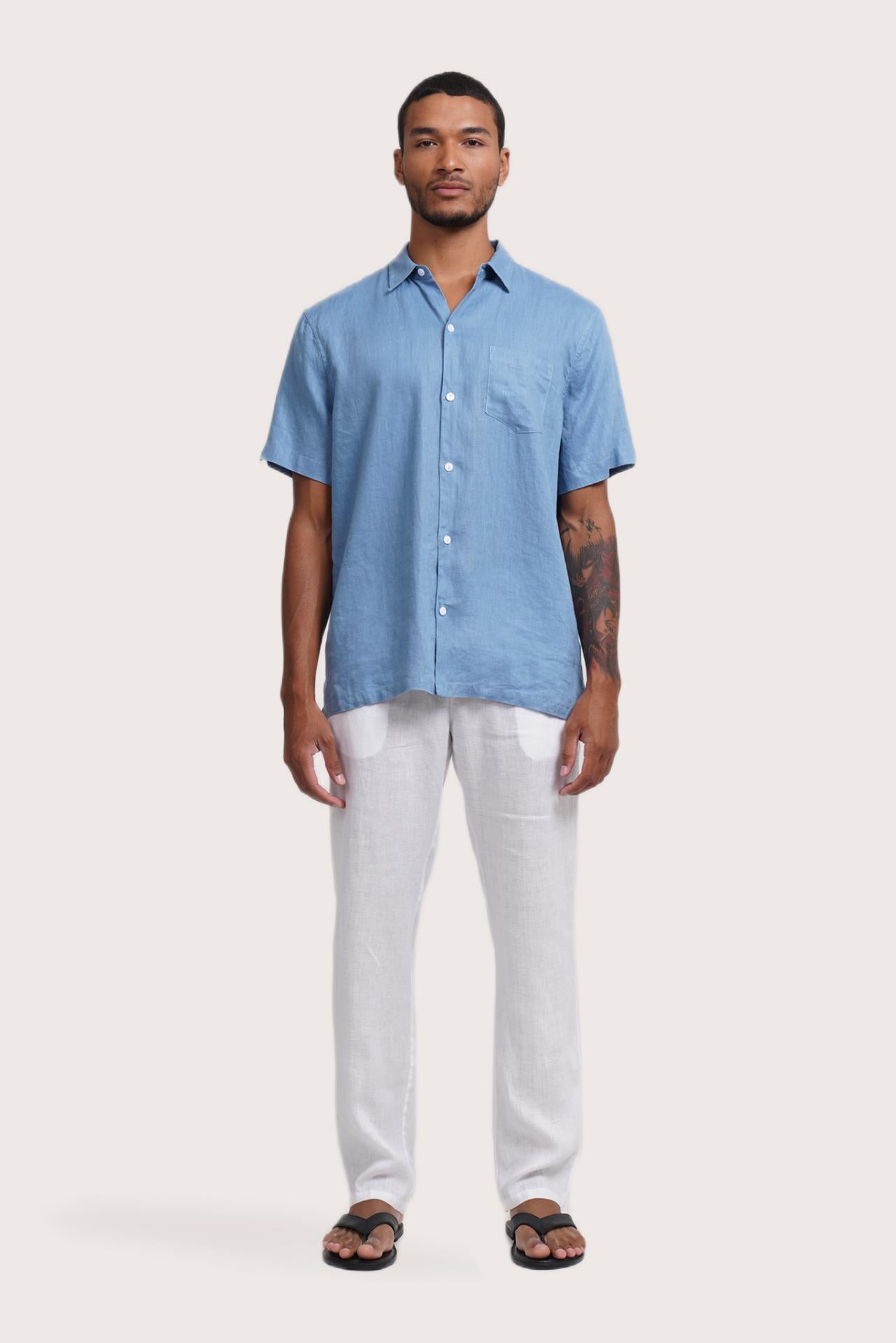 By The Sea Bali Mori Short Sleeve Linen Shirt Sky Blue — breathable linen shirt with a relaxed short-sleeve silhouette