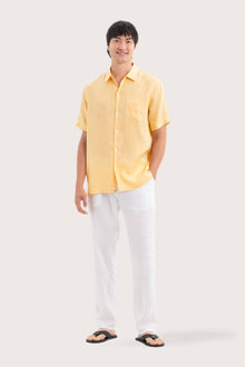 By The Sea Bali Mori Short Sleeve Linen Shirt Yellow — breathable linen shirt with a relaxed short-sleeve silhouette
