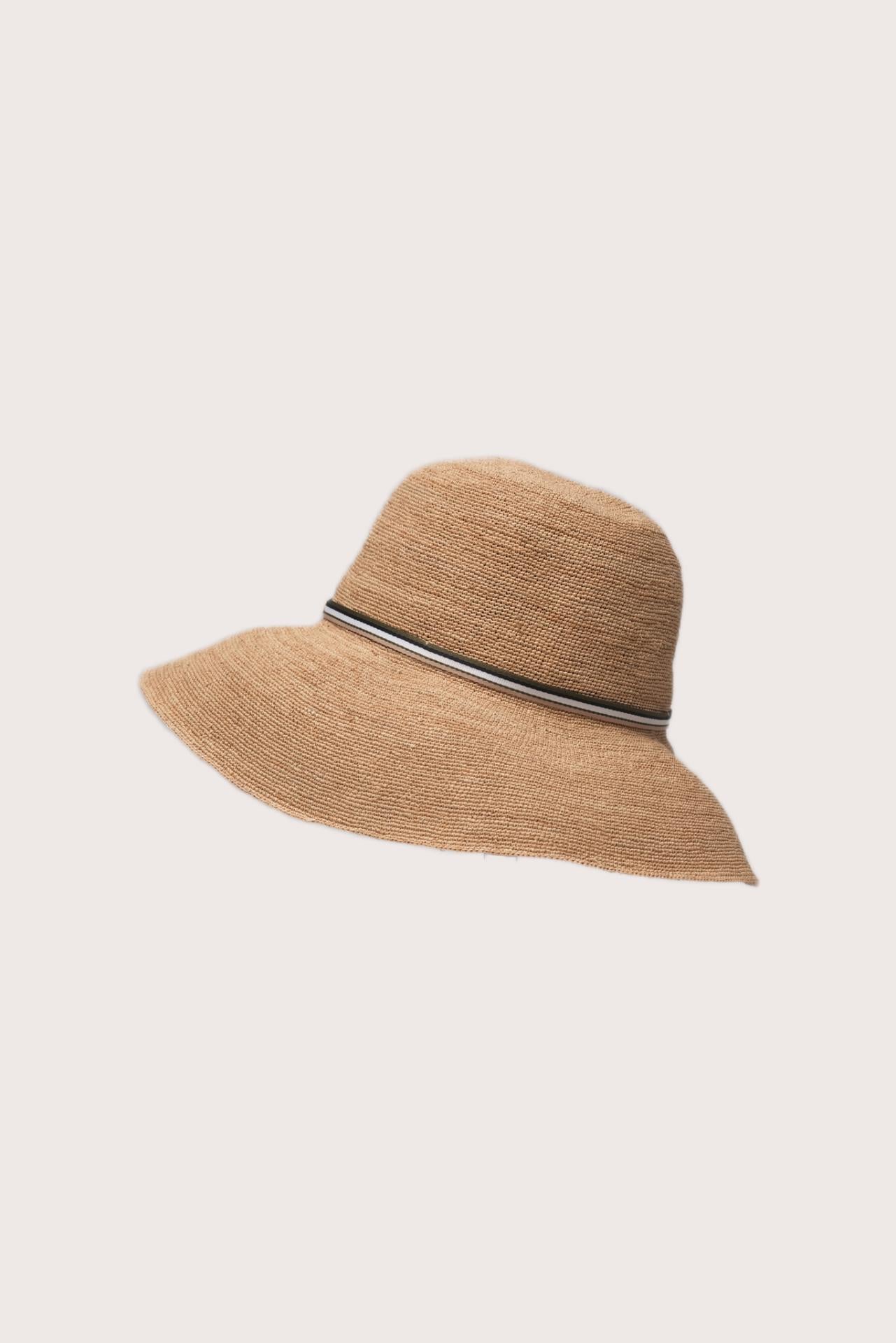 Tropical resortwear styling featuring the Morla Hat in natural and navy tones
