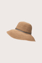 Tropical resortwear styling featuring the Morla Hat in natural and navy tones
