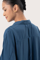Close up detail of the Muara Shirt Navy highlighting craftsmanship and design features.