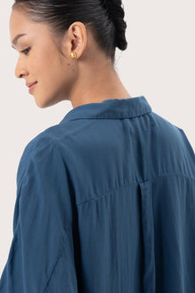 Close up detail of the Muara Shirt Navy highlighting craftsmanship and design features.