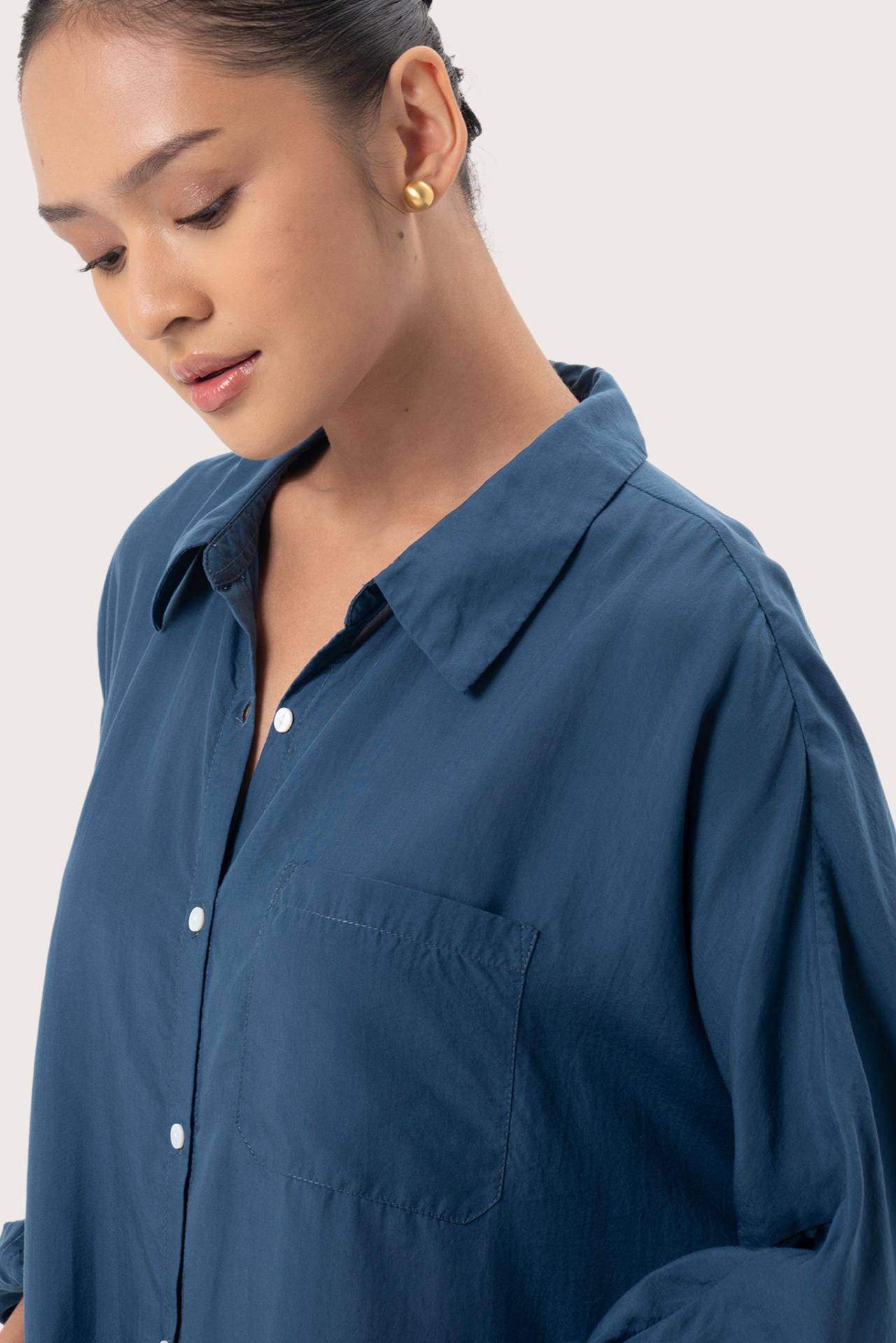 Close up detail of the Muara Shirt Navy highlighting craftsmanship and design features.