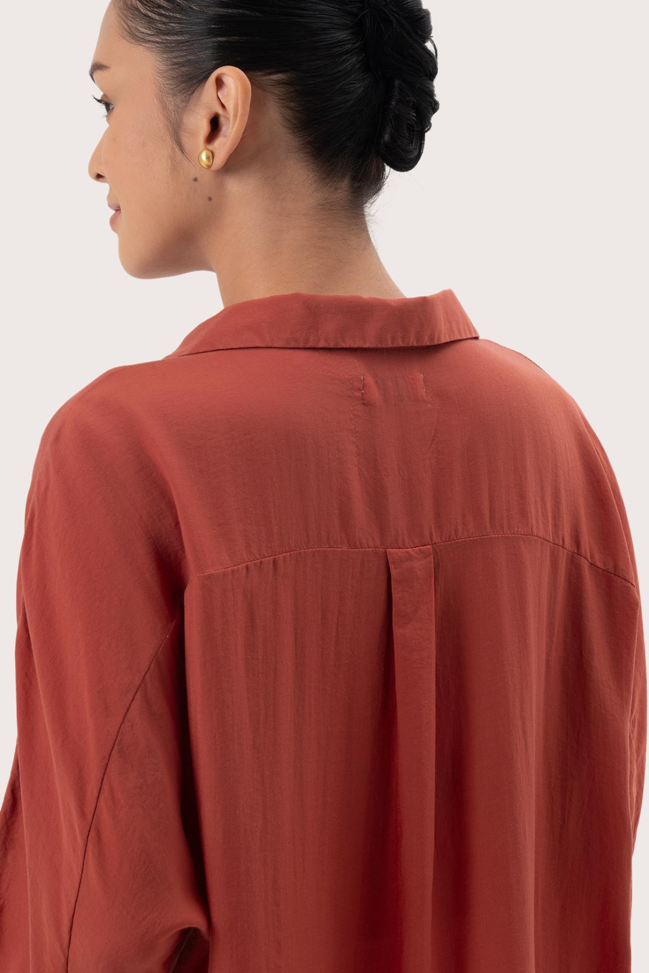 Close up detail of the Muara Shirt Brick highlighting craftsmanship and design features.