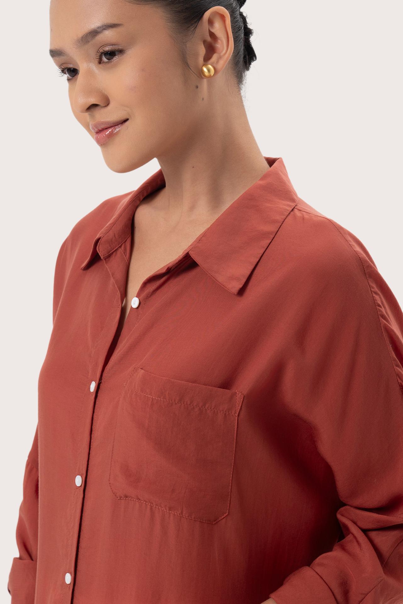 Close up detail of the Muara Shirt Brick highlighting craftsmanship and design features.