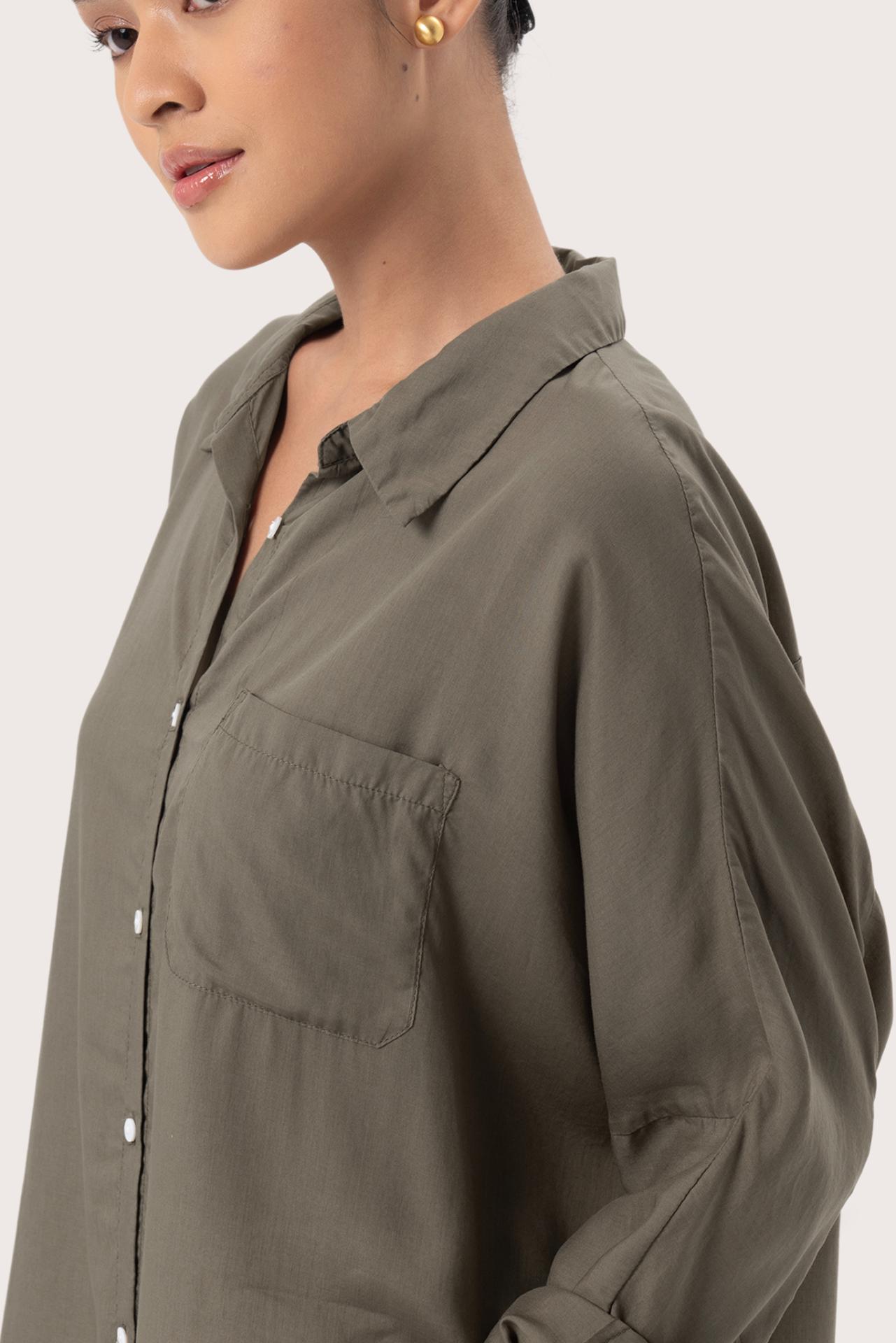 Close up detail of the Muara Shirt Khaki highlighting craftsmanship and design features.