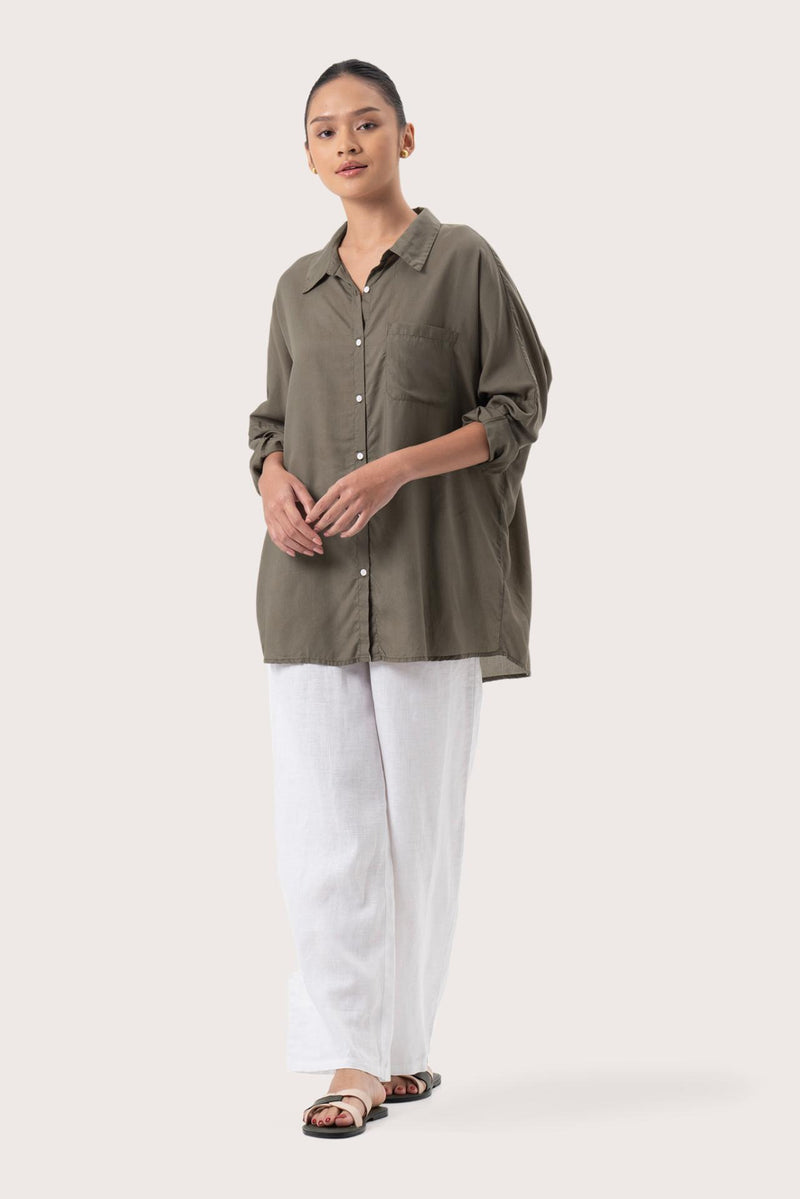 Front view of the Muara Shirt Khaki showcasing its silhouette and relaxed fit.