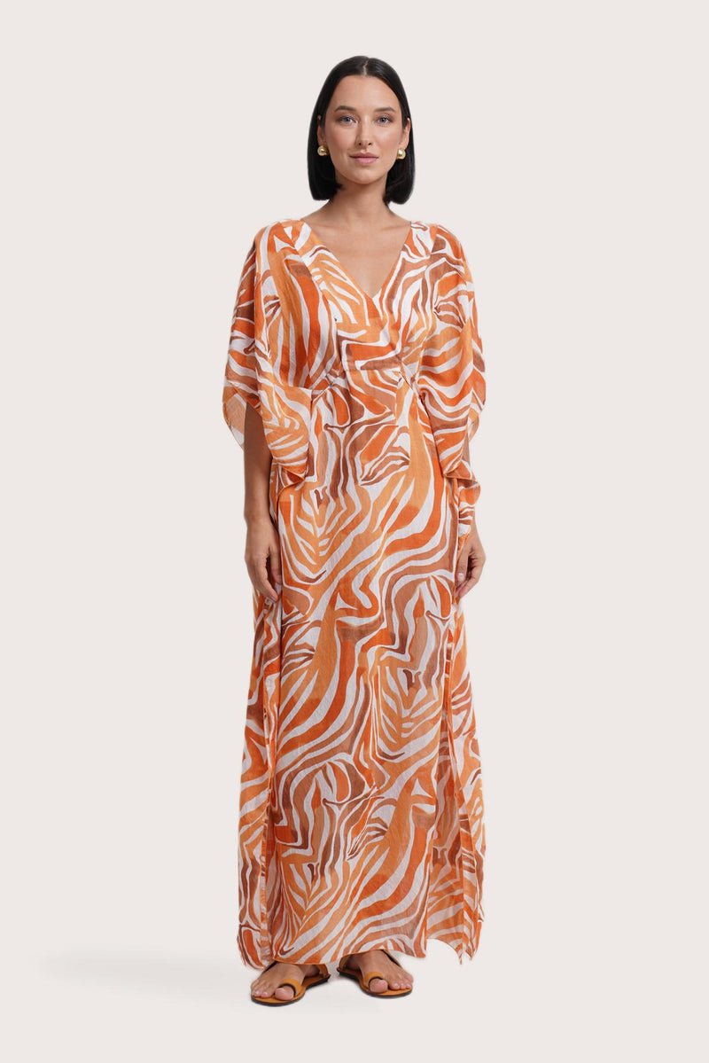 By The Sea Bali Nami Kaftan in Leopard Orange featuring an elegant flowing resort silhouette