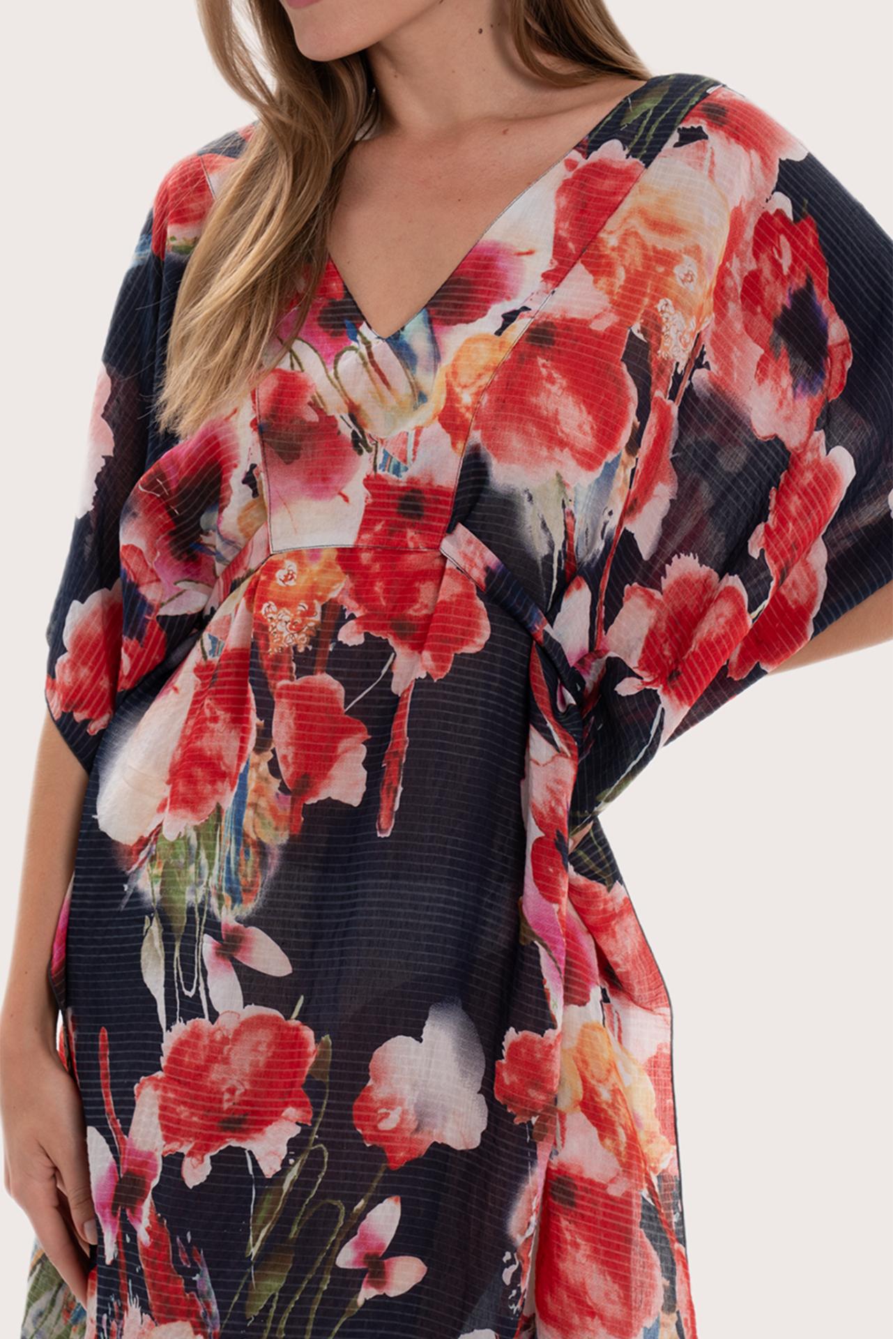 Close-up of the Bougenville print and rayon nylon fabric detailing