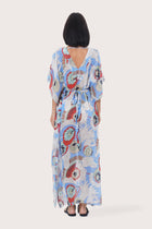 Back view of the light blue Zinnia kaftan with a relaxed flowing silhouette