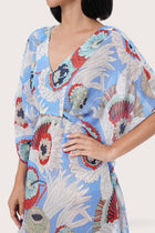 Close-up of the Zinnia print and rayon nylon fabric detailing