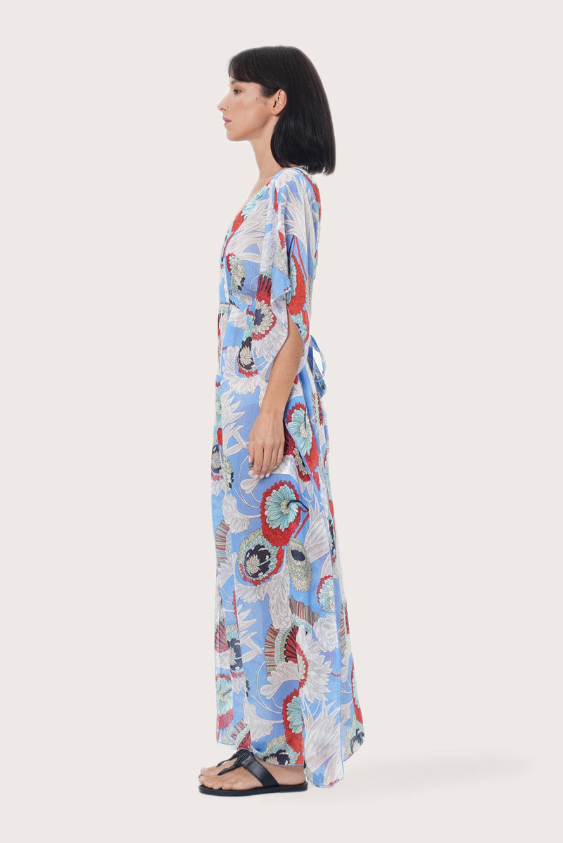 Side profile of the light blue Zinnia kaftan showcasing its elegant drape