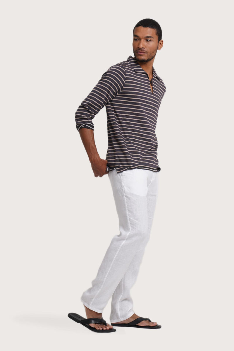 Side profile of the Nautical Stripe Pullover Stripes in Brown by By The Sea Bali – relaxed drape and understated island elegance