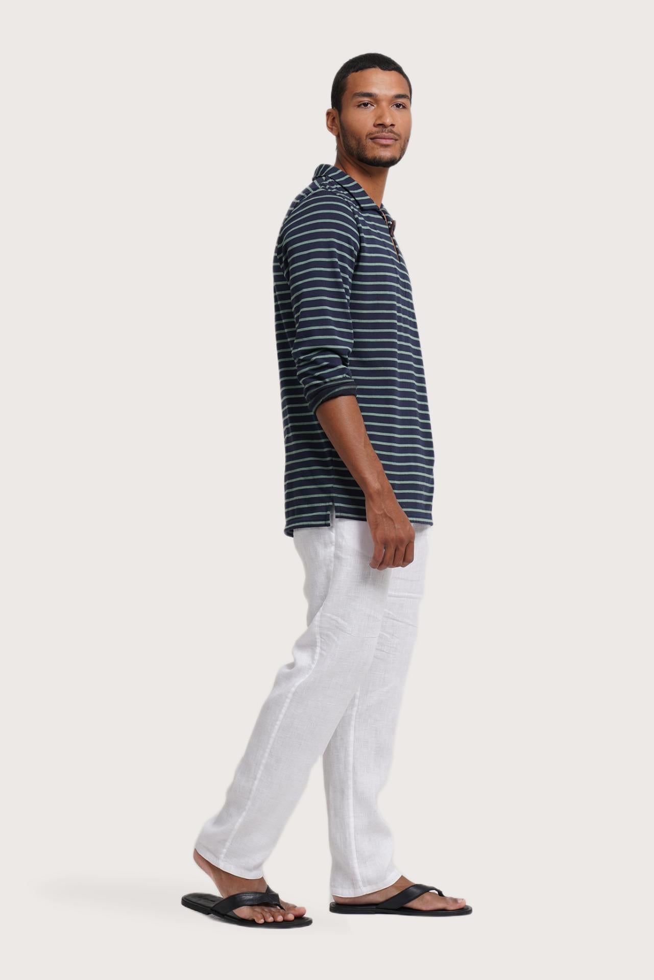 Side profile of the Nautical Stripe Pullover Stripes in Navy by By The Sea Bali – relaxed drape and understated island elegance