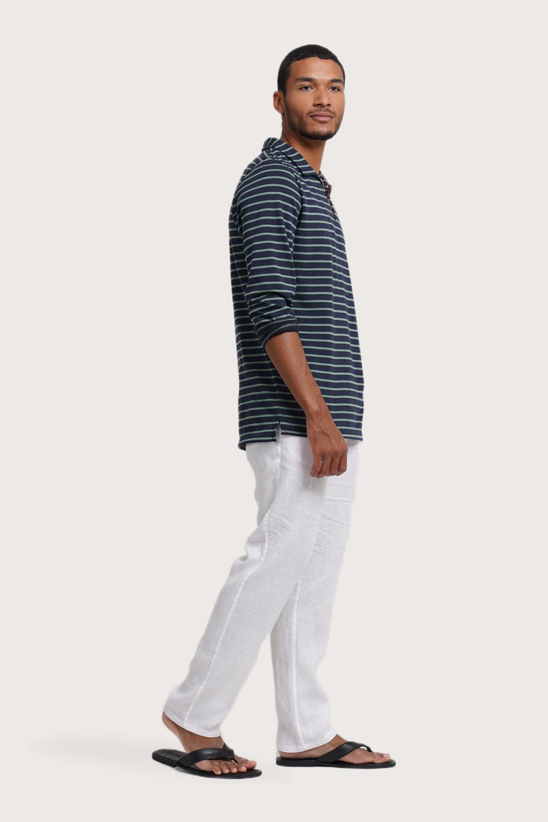 Side profile of the Nautical Stripe Pullover Stripes in Navy by By The Sea Bali – relaxed drape and understated island elegance