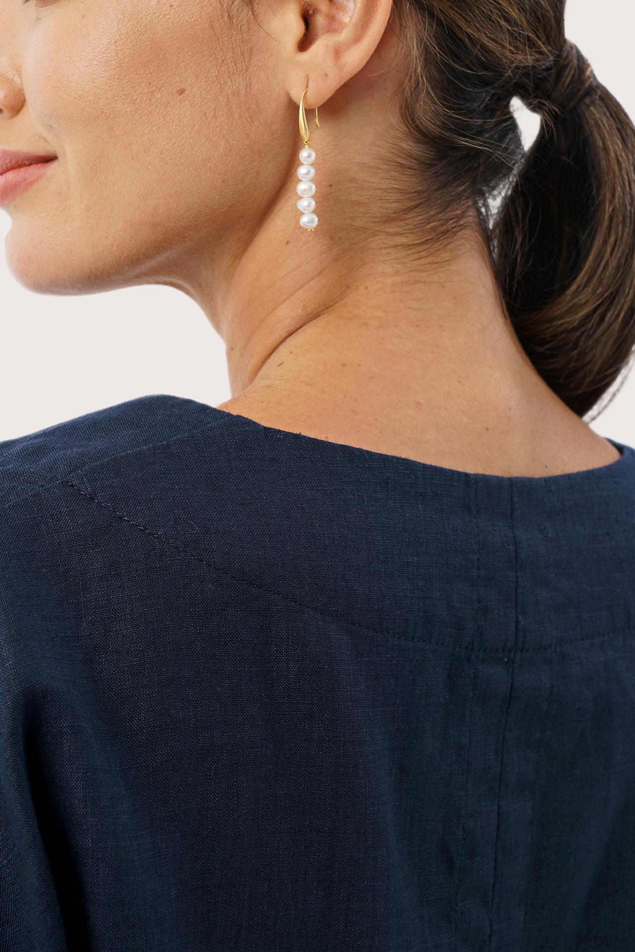 Close-up of the neckline showcasing clean tailoring and refined finishing