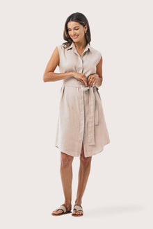 Front view of the Noelani Sleeveless Linen Dress Beige showcasing its silhouette and relaxed fit