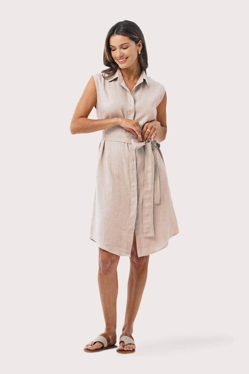 Front view of the Noelani Sleeveless Linen Dress Beige showcasing its silhouette and relaxed fit
