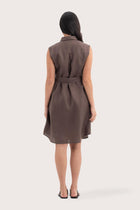 Back view of the Noelani Sleeveless Linen Dress Dark Brown highlighting the garment shape and drape