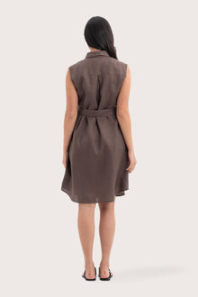 Back view of the Noelani Sleeveless Linen Dress Dark Brown highlighting the garment shape and drape