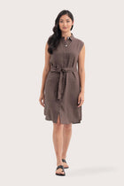 Front view of the Noelani Sleeveless Linen Dress Dark Brown showcasing its silhouette and relaxed fit