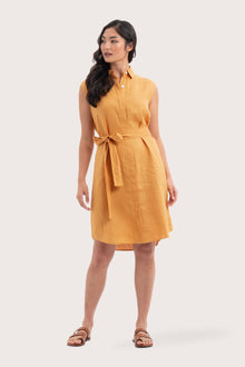 Front view of the Noelani Sleeveless Linen Dress Tangerine showcasing its silhouette and relaxed fit