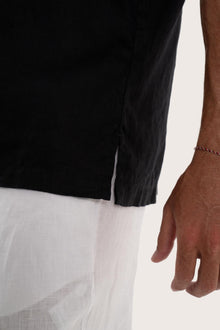 Close-up texture of the breathable linen fabric and premium craftsmanship