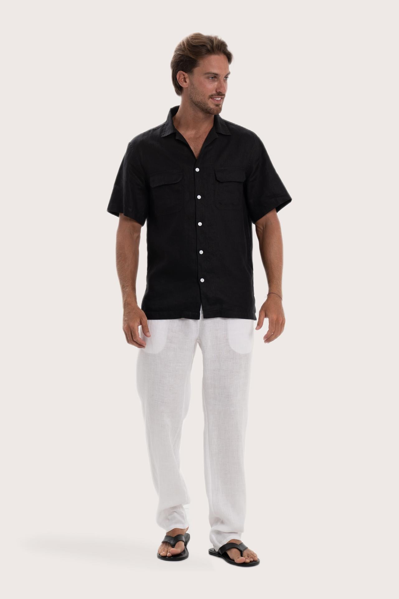 profile of the black linen shirt showcasing its effortless drape and comfortable fit