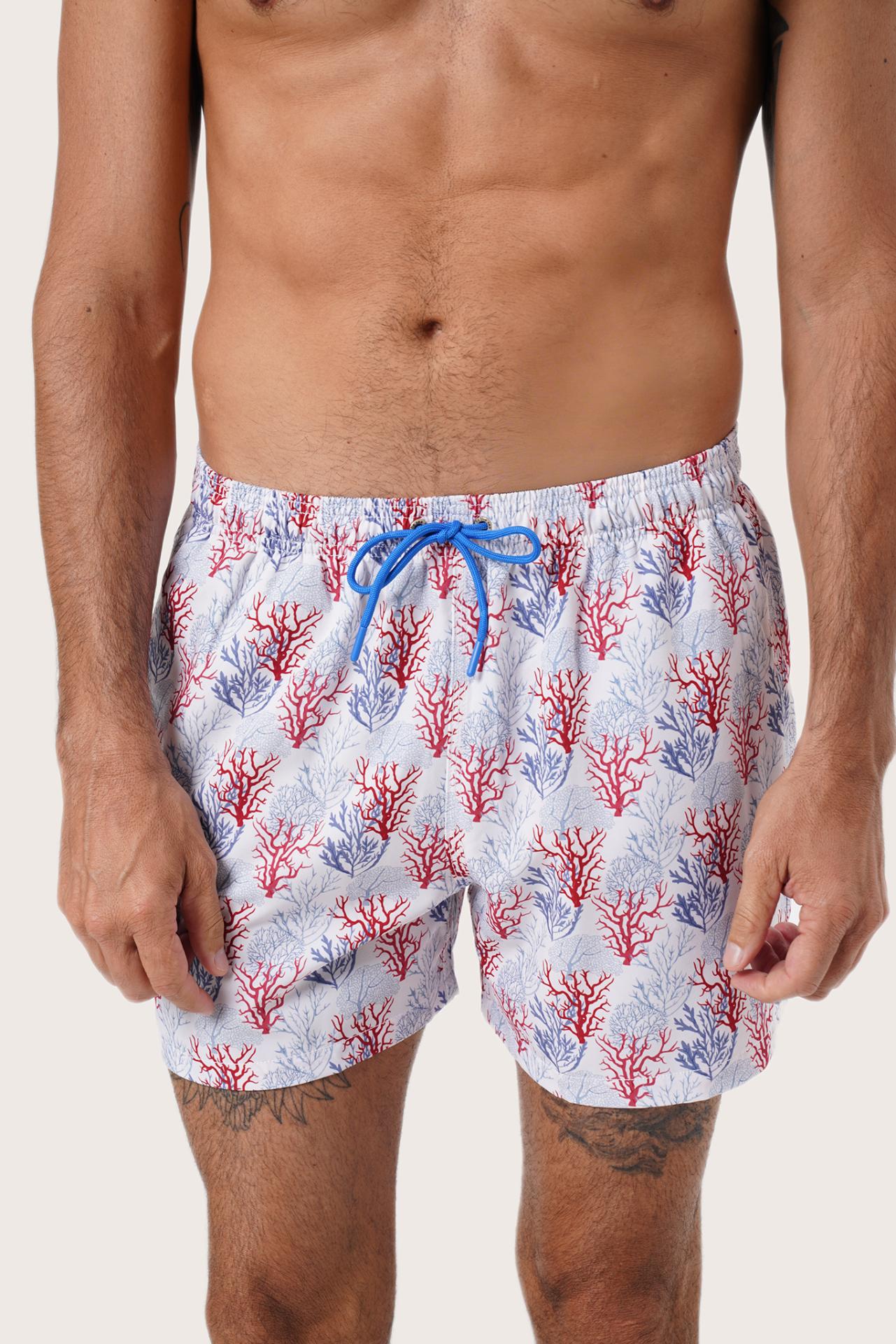 Men's beachwear styling featuring the Paco Swim Trunk in Coral Light Blue by By The Sea Bali