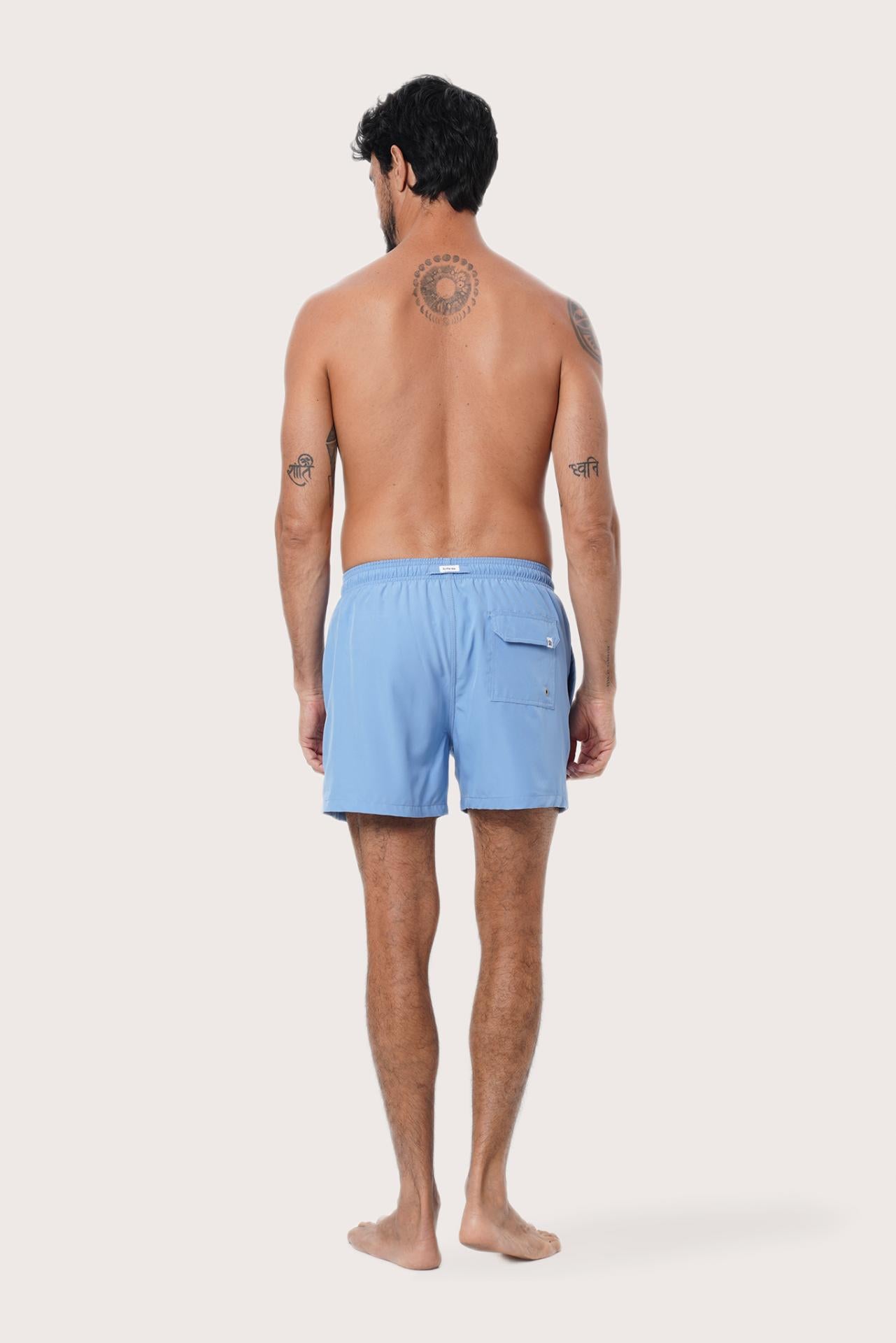Back view of the Light Blue Paco Swim Trunk showing the pocket detail by By The Sea Bali