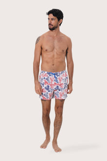 By The Sea Bali Paco Swim Trunk in Lobster and Sea White — quick-dry men's swim shorts in a playful nautical print
