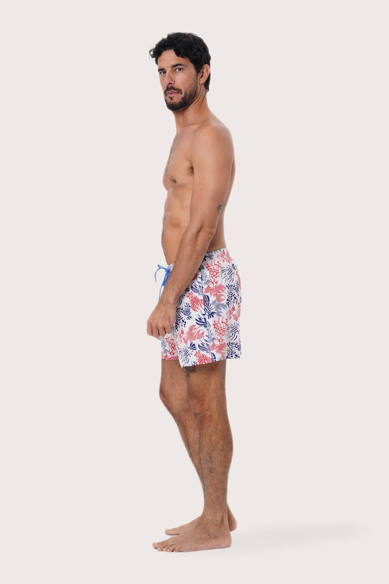 Front view of the Paco Swim Trunk in Lobster and Sea White print by By The Sea Bali